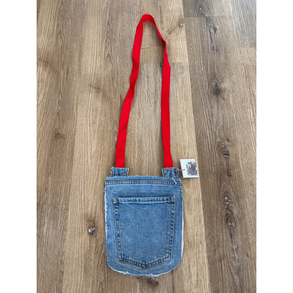 Upcycled Denim Pocket Crossbody Bag OS Blue Red Distressed Frayed NWT Y2K